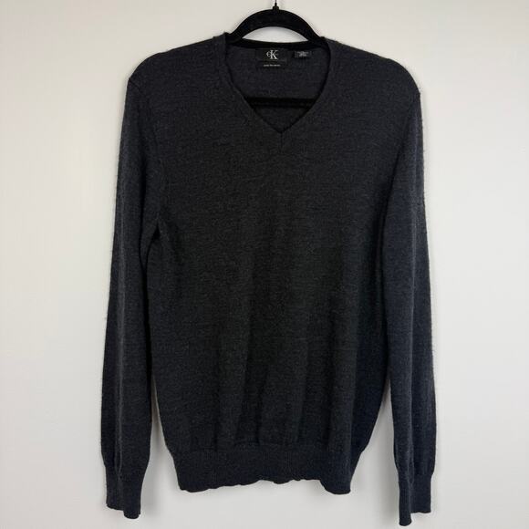 Calvin Klein Mens Long Sleeve Ribbed V-Neck Merino Wool Dark Grey Sweater Medium - Picture 1 of 9